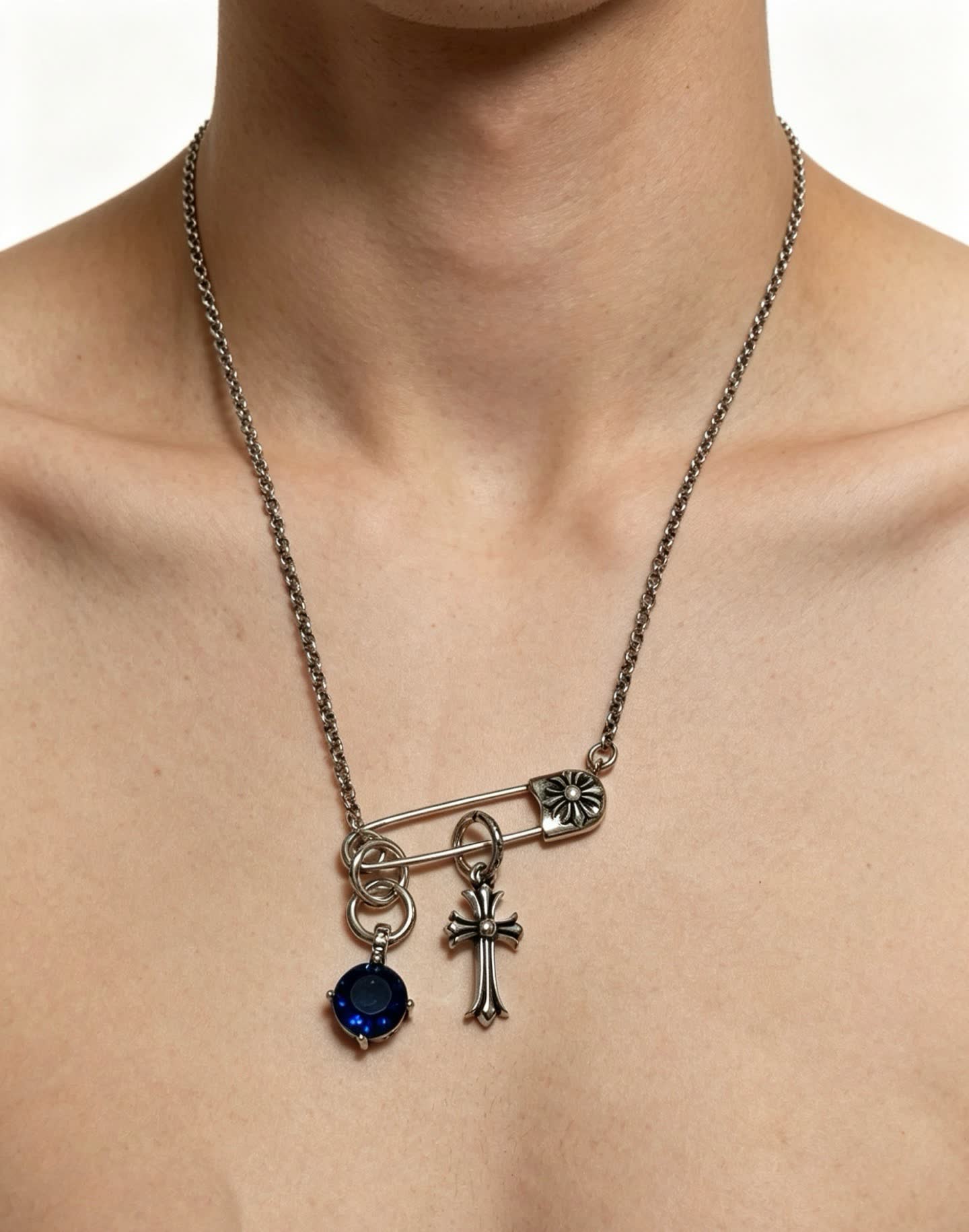Chrome Hearts Silver Cross and Lock Charm Necklace with Blue Gemstone